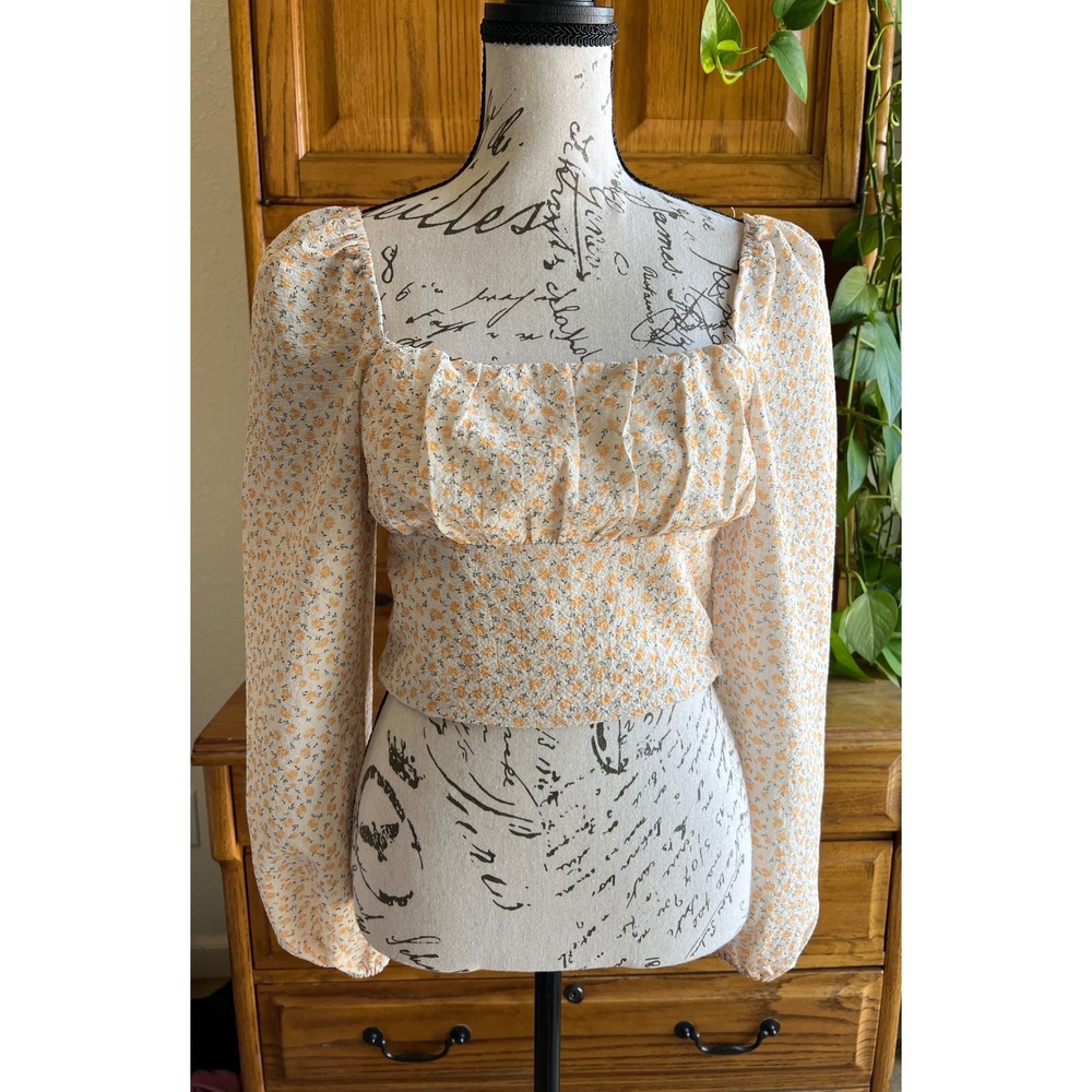 Elodie Ditsy Floral Square Neck Puff Sleeve Crop Top Yellow White XS